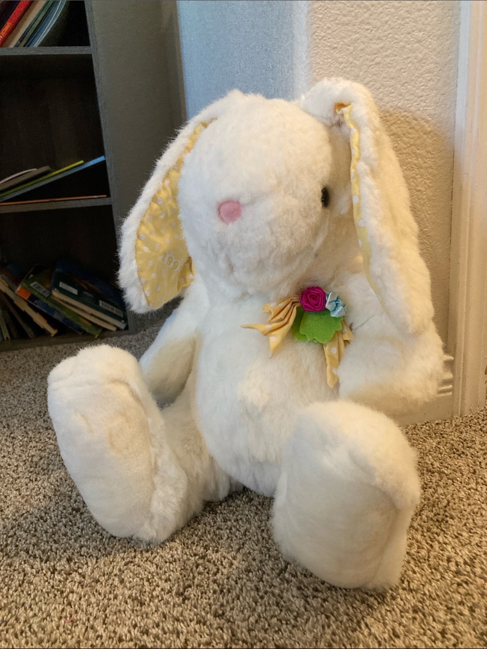 Vintage 1991 Plush Bunny Stuffed Animal with Floral Accent